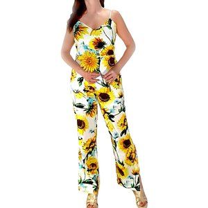 Cute Floral Sunflower Print Sleeveless Jumpsuit